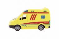 Auto ambulance plast 20cm na setrvačník na baterie se zvukem se světlem v krabici 26x15x12cm