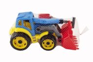 Traktor/nakladač/bagr se 2 lžícemi plast na volný chod 2 barvy v síťce 16x35x16cm