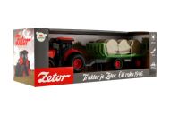 Traktor Zetor s vlekem a balíky plast 36cm na setrvačník na bat. se světlem se zvukem v krab. 39x13