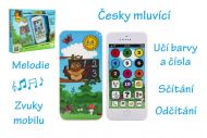 Naučný mobilní telefon moudré sovy s krytem plast na baterie se zvukem v krabici 22x18x3,5cm 12m+