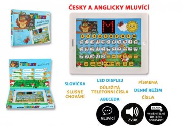 Naučný tablet moudré sovy dvojjazyčný CZ+AJ plast 24x19x2cm na baterie se zvukem v krabici 32x23x3cm