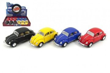 Auto Kinsmart VW Classical Beetle kov/plast 13cm na zpětné natažení 4 barvy 12ks v boxu